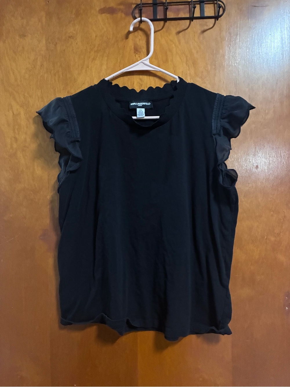 Karl Lagerfeld Black Short Sleeve Ruffle-Trim Top